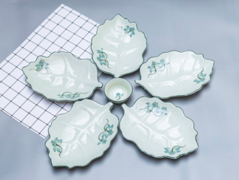 Bộ bát đĩa Bát Tràng men kem sen xanh lơ 5 người ăn